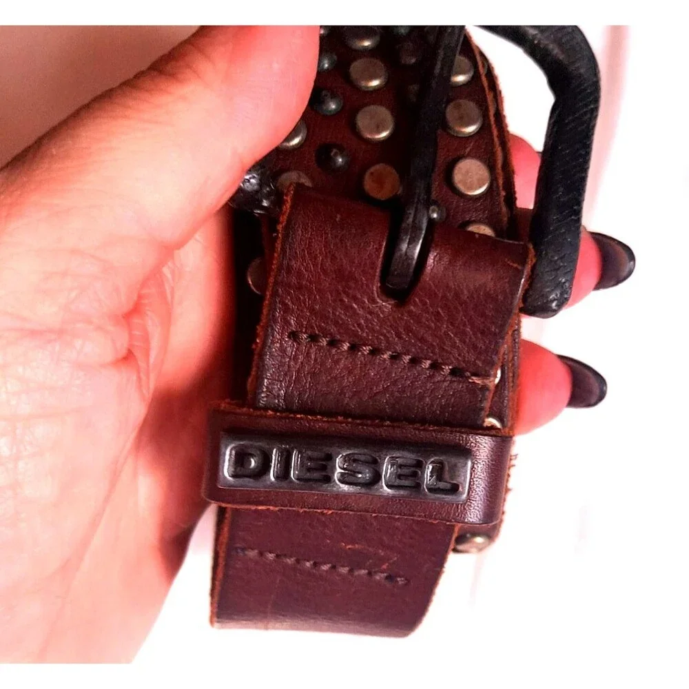 DIESEL Y2K Brown Leather Belt Men’s Studded Punk Vintage Biker Punk Sz 42